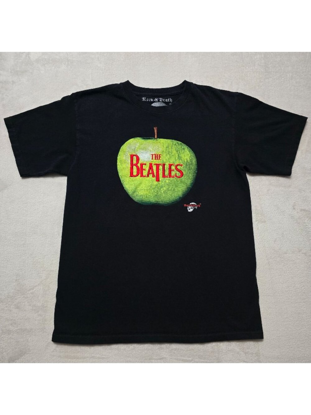 Rock & Death The Beatles Black Embroidered Apple Graphic Short Sleeve Shirt Med
